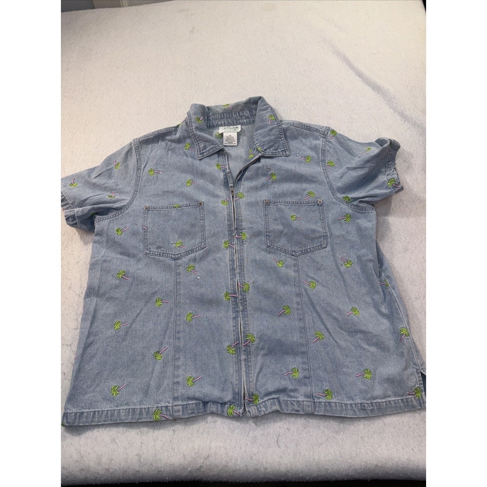 VTG Quaker Factory Denim Zip Front Shirt Jacket Women 1X Palm Trees‎ Rhinestones